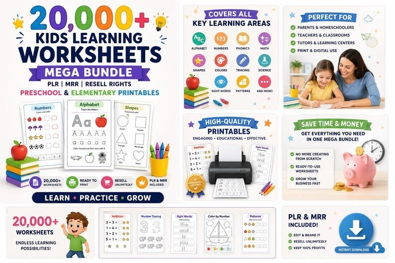 22,000+ Kids Worksheets Learning Vault PLR MRR – Preschool to Elementary Printable Activities | Homeschool Busy Book | Instant Download