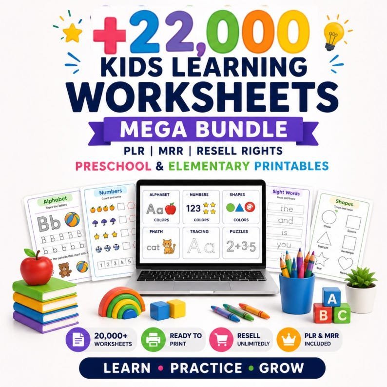 22,000+ Kids Worksheets Learning Vault PLR MRR – Preschool to Elementary Printable Activities | Homeschool Busy Book | Instant Download