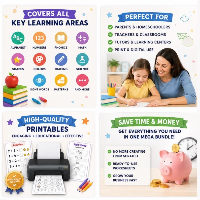 22,000+ Kids Worksheets Learning Vault PLR MRR – Preschool to Elementary Printable Activities | Homeschool Busy Book | Instant Download