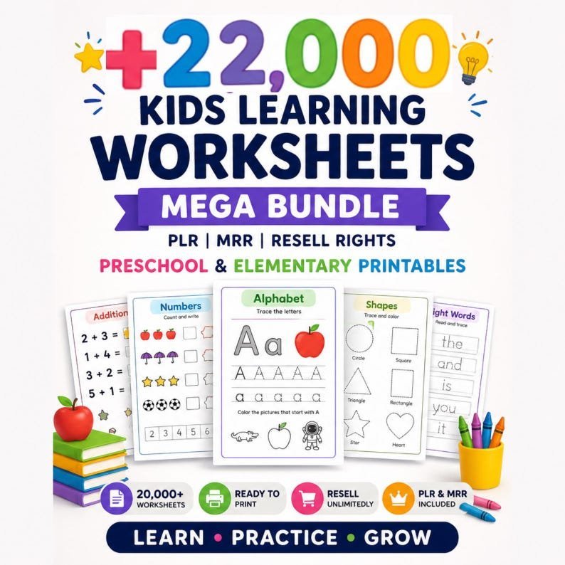 22,000+ Kids Worksheets Learning Vault PLR MRR – Preschool to Elementary Printable Activities | Homeschool Busy Book | Instant Download