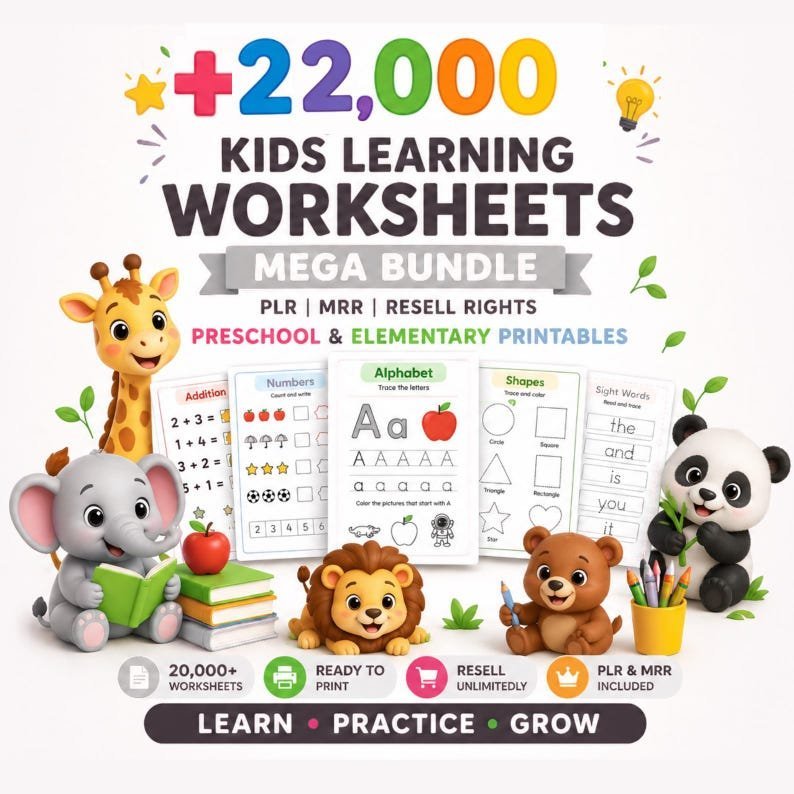 22,000+ Kids Worksheets Learning Vault PLR MRR – Preschool to Elementary Printable Activities | Homeschool Busy Book | Instant Download