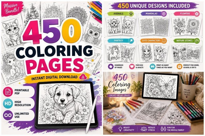 450 Printable Coloring Pages Bundle for Kids, Huge Coloring Book Collection, Instant Download Activity Pack, Preschool Learning Worksheets