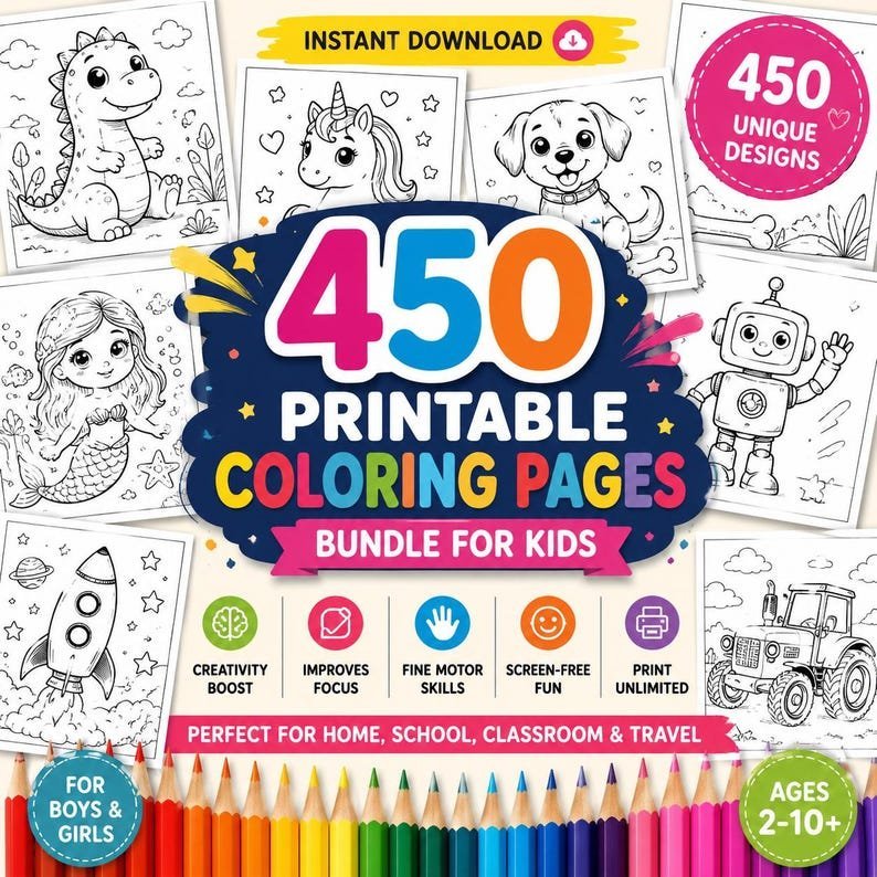 Printable Coloring Pages Bundle for Kids | Huge Coloring Book Collection | Preschool Worksheets | Homeschool Activities | Instant Download