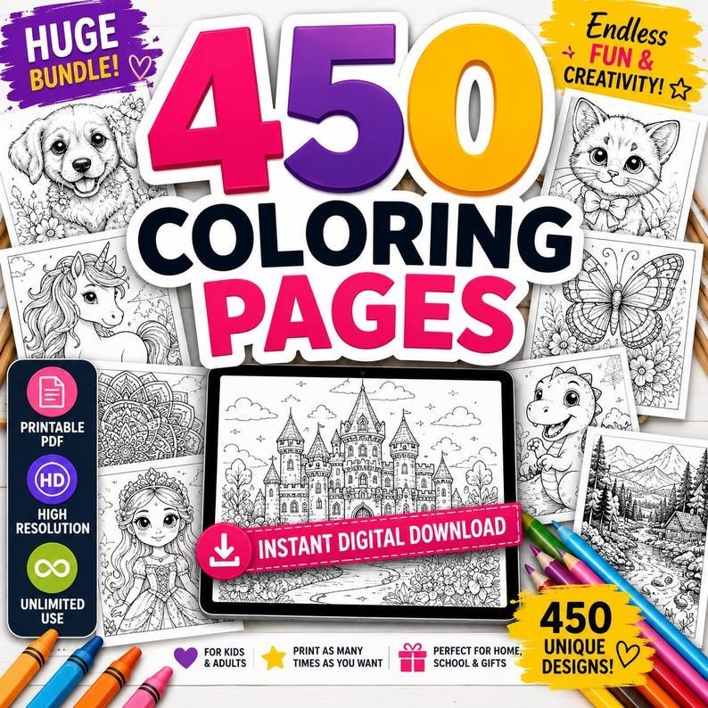Printable Coloring Pages Bundle for Kids | Huge Coloring Book Collection | Preschool Worksheets | Homeschool Activities | Instant Download