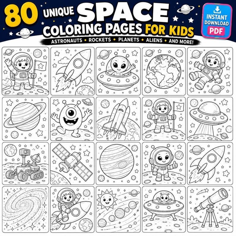 Space Adventure Coloring Book for Kids – 80 Printable Pages | Astronauts, Planets Coloring Pages, Preschool Activity Book, Instant Download