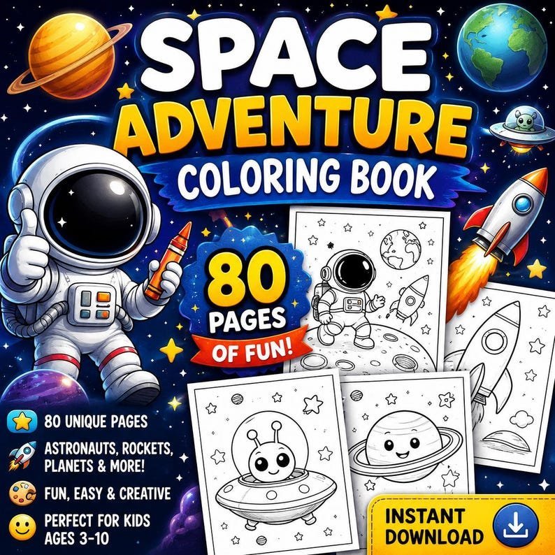 Space Adventure Coloring Book for Kids – 80 Printable Pages | Astronauts, Planets Coloring Pages, Preschool Activity Book, Instant Download