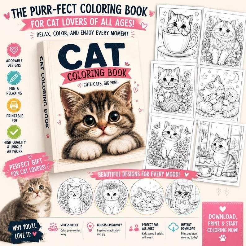 Cat Coloring Book for Kids – Activity Pages, Printable Coloring Pages for Children, Preschool Coloring Book PDF | Instant Download