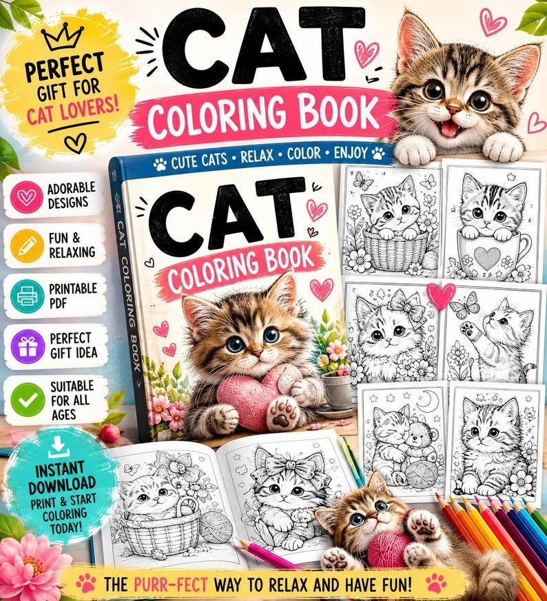 Cat Coloring Book for Kids – Activity Pages, Printable Coloring Pages for Children, Preschool Coloring Book PDF | Instant Download