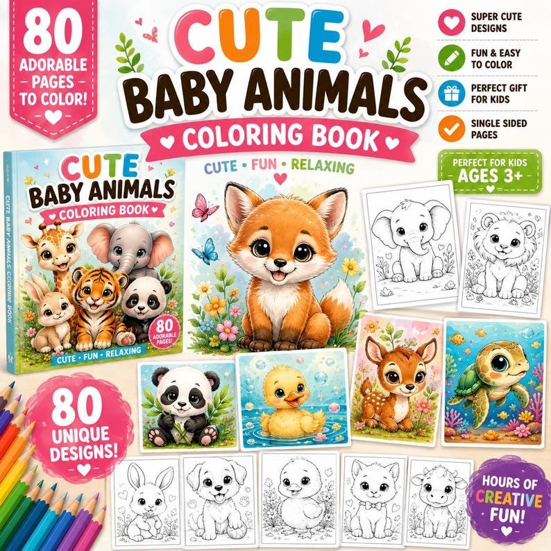 Cute Baby Animals Coloring Book for Kids Adorable Coloring Pages PDF | Instant Download | Easy & Fun Animal Coloring Activity Book
