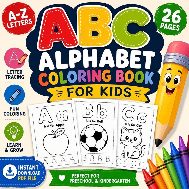 ABC Alphabet Coloring Book for Kids | 26 Letter Tracing & Coloring Pages | Learn Letters A-Z Printable PDF | Preschool Kindergarten Workbook