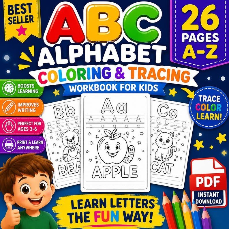 Alphabet Coloring Book for Kids Coloring Pages Printable PDF Preschool Learning Workbook | Kindergarten Homeschool Activity Instant Download