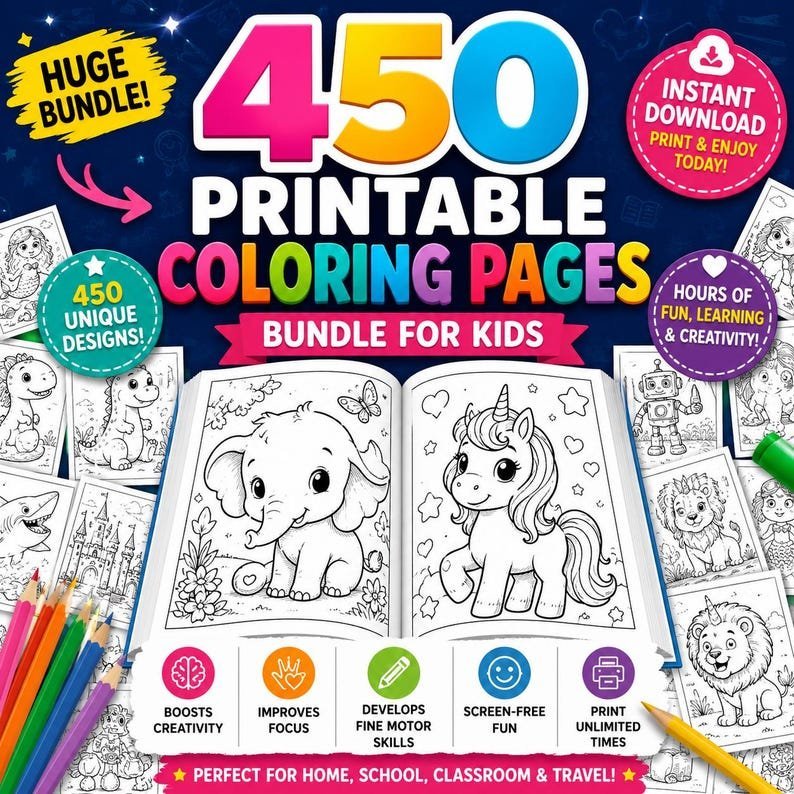 Printable Coloring Pages Bundle for Kids | Huge Coloring Book Collection | Preschool Worksheets | Homeschool Activities | Instant Download