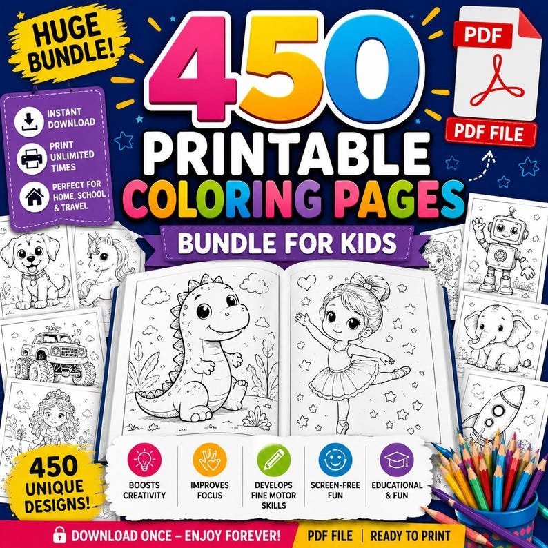Printable Coloring Pages Bundle for Kids | Huge Coloring Book Collection | Preschool Worksheets | Homeschool Activities | Instant Download