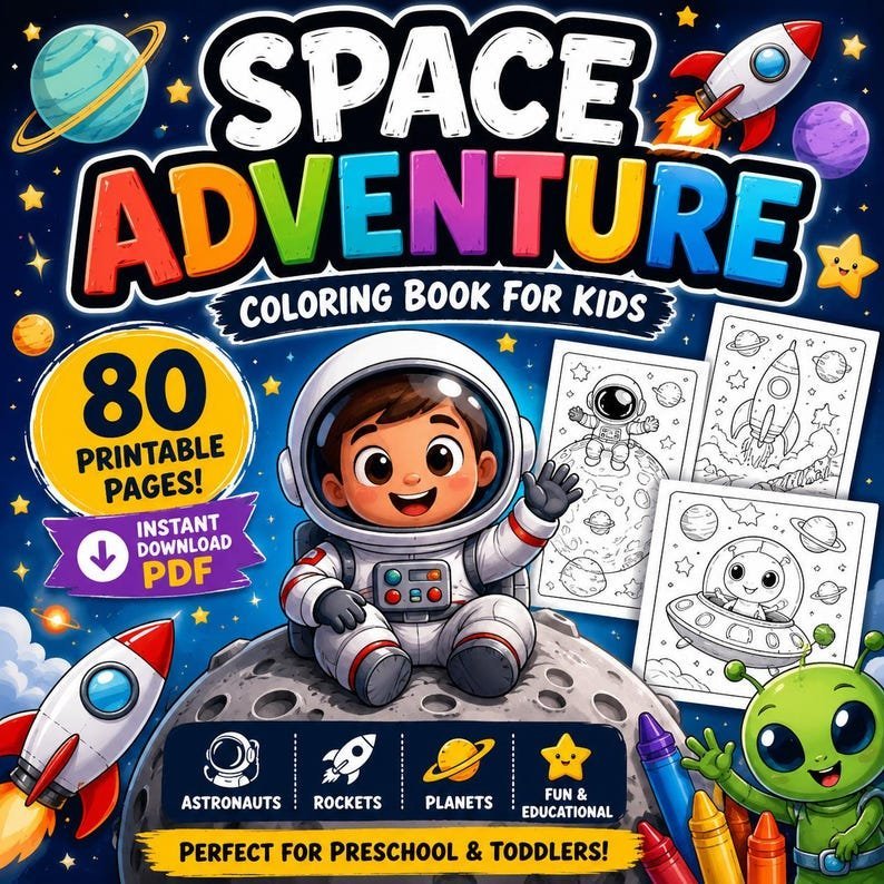 Space Adventure Coloring Book for Kids – 80 Printable Pages | Astronauts, Planets Coloring Pages, Preschool Activity Book, Instant Download