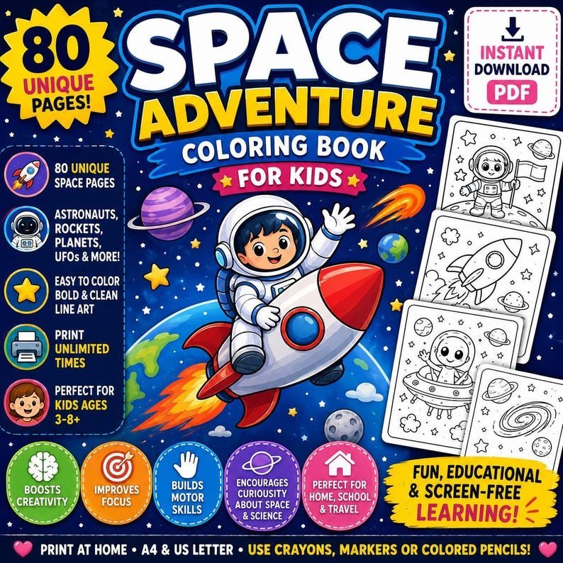 Space Adventure Coloring Book for Kids – 80 Printable Pages | Astronauts, Planets Coloring Pages, Preschool Activity Book, Instant Download