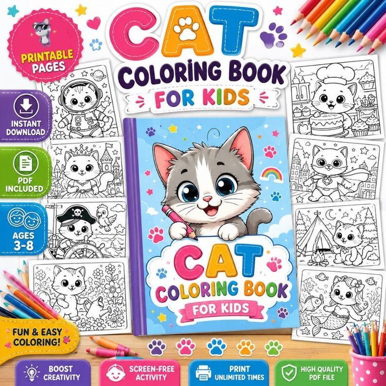 Cat Coloring Book for Kids – Activity Pages, Printable Coloring Pages for Children, Preschool Coloring Book PDF | Instant Download