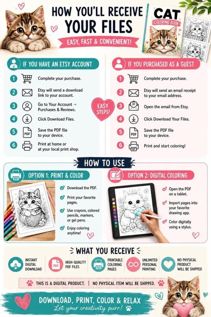 Cat Coloring Book for Kids – Activity Pages, Printable Coloring Pages for Children, Preschool Coloring Book PDF | Instant Download