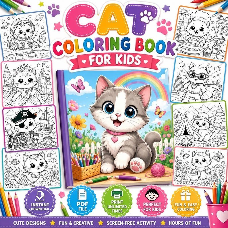 Cat Coloring Book for Kids – Activity Pages, Printable Coloring Pages for Children, Preschool Coloring Book PDF | Instant Download