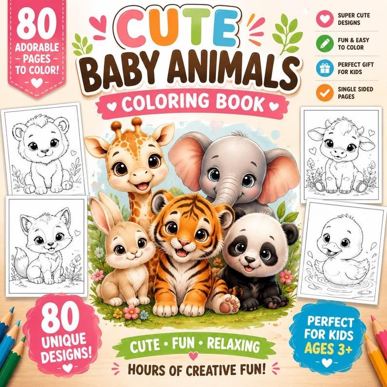 Cute Baby Animals Coloring Book for Kids Adorable Coloring Pages PDF | Instant Download | Easy & Fun Animal Coloring Activity Book
