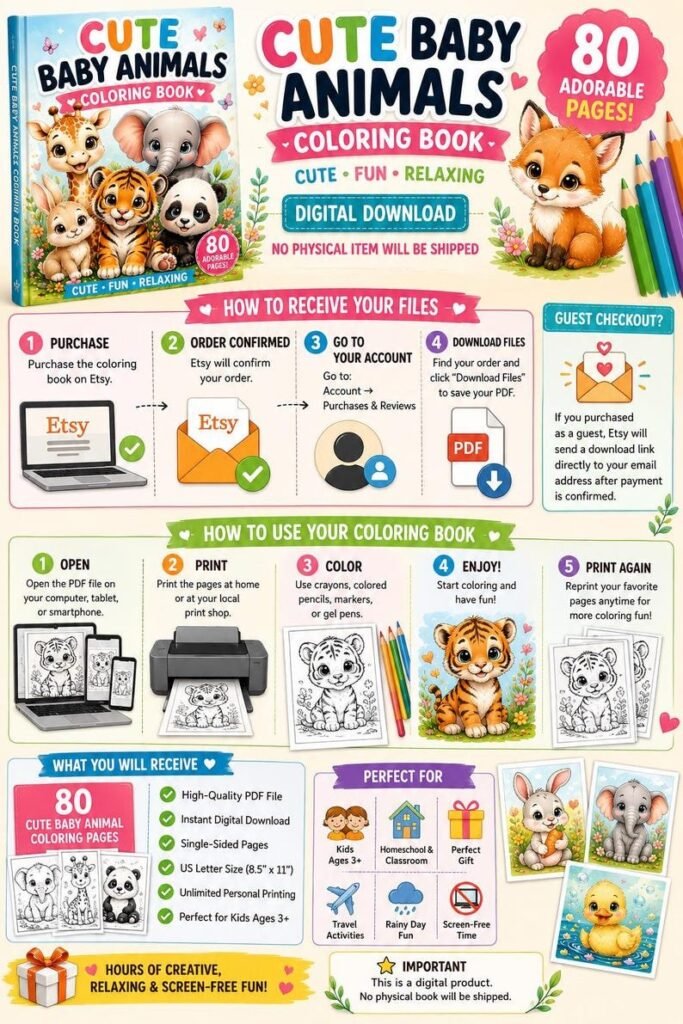 Cute Baby Animals Coloring Book for Kids Adorable Coloring Pages PDF | Instant Download | Easy & Fun Animal Coloring Activity Book