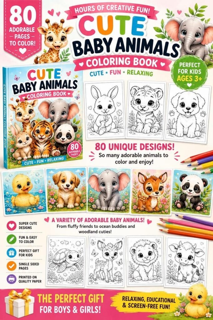 Cute Baby Animals Coloring Book for Kids Adorable Coloring Pages PDF | Instant Download | Easy & Fun Animal Coloring Activity Book