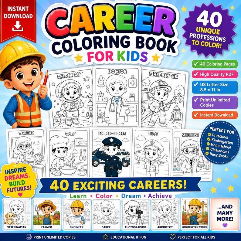 Career Coloring Book for Kids | 40 Professions Coloring Pages Printable PDF | Community Helpers Activity Book | Preschool Homeschool