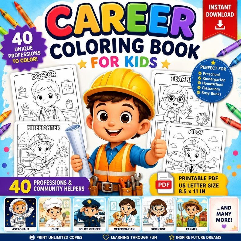 Career Coloring Book for Kids | 40 Professions Coloring Pages Printable PDF | Community Helpers Activity Book | Preschool Homeschool