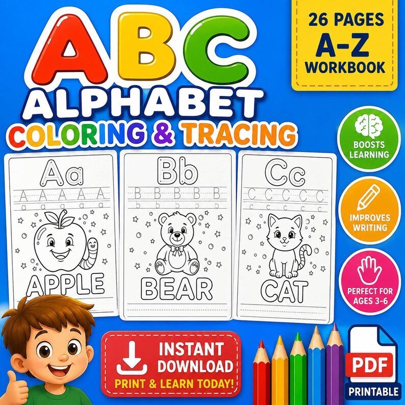 ABC Alphabet Coloring Book for Kids | 26 Letter Tracing & Coloring Pages | Learn Letters A-Z Printable PDF | Preschool Kindergarten Workbook