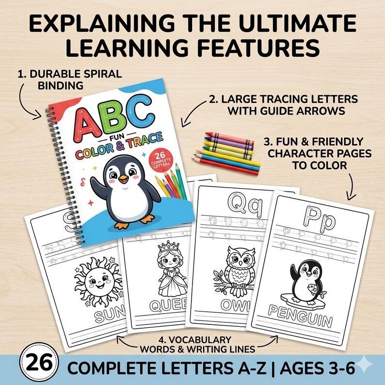ABC Alphabet Coloring Book for Kids | 26 Letter Tracing & Coloring Pages | Learn Letters A-Z Printable PDF | Preschool Kindergarten Workbook