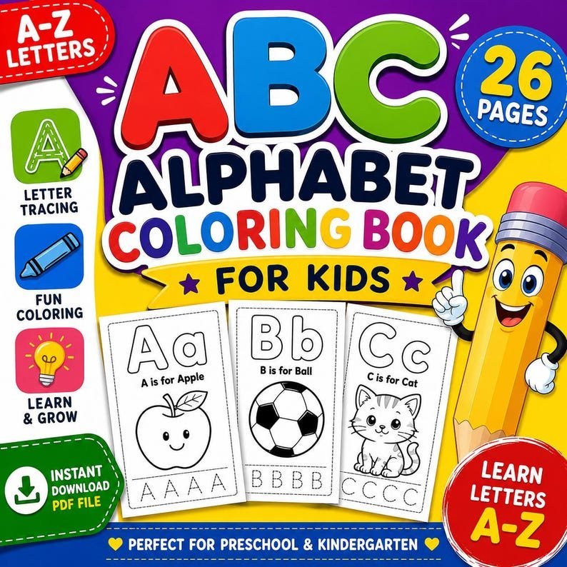 Alphabet Coloring Book for Kids Coloring Pages Printable PDF Preschool Learning Workbook | Kindergarten Homeschool Activity Instant Download