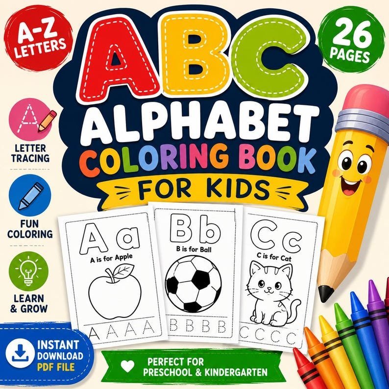 Alphabet Coloring Book for Kids Coloring Pages Printable PDF Preschool Learning Workbook | Kindergarten Homeschool Activity Instant Download