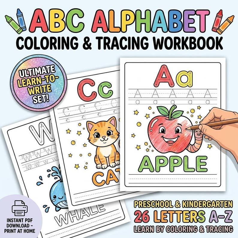 Alphabet Coloring Book for Kids Coloring Pages Printable PDF Preschool Learning Workbook | Kindergarten Homeschool Activity Instant Download