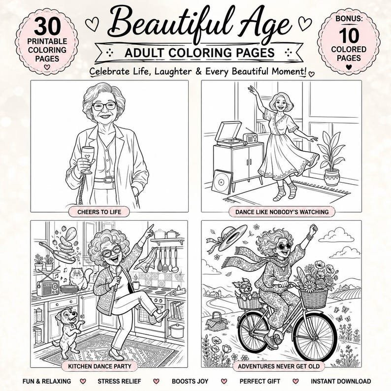 Adult Coloring Pages for Women | Whimsical Older Women Coloring Book | Cozy Relaxing Coloring Pages | Printable Coloring Book PDF