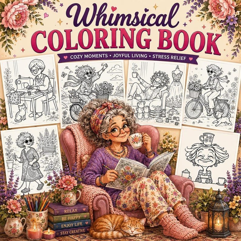 Coloring Book for Adults | Fun Older Women Coloring Pages | Whimsical Cozy Coloring | Stress Relief Printable PDF