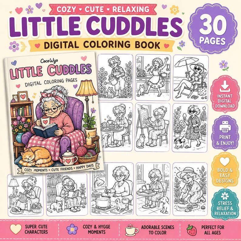 Adult Coloring Pages | Relaxing Coloring Book for Women | Whimsical Cozy Coloring Pages | Stress Relief Printable PDF