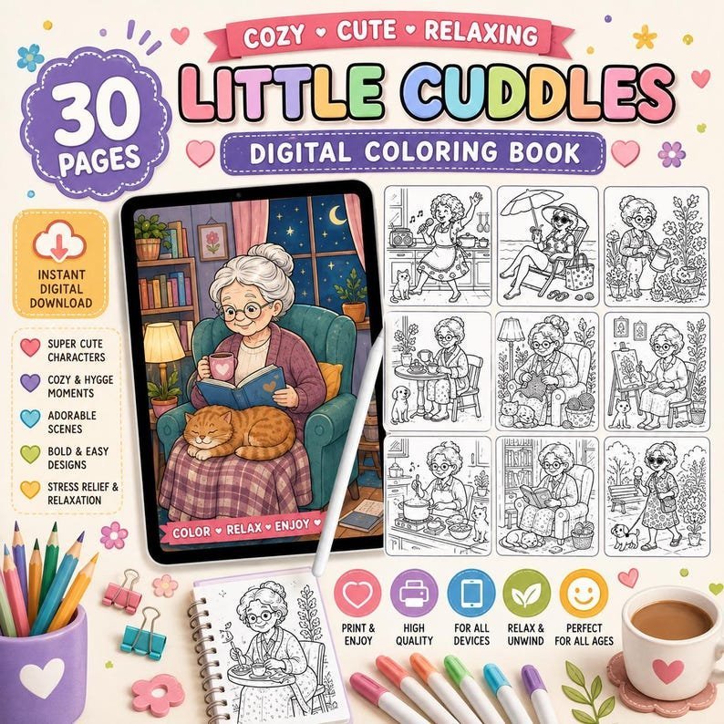 Coloring Book for Adults | Fun Older Women Coloring Pages | Whimsical Cozy Coloring | Stress Relief Printable PDF