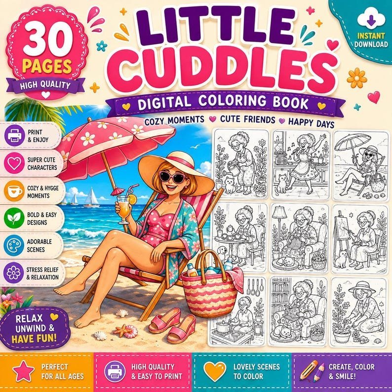 Coloring Book for Adults | Fun Older Women Coloring Pages | Whimsical Cozy Coloring | Stress Relief Printable PDF