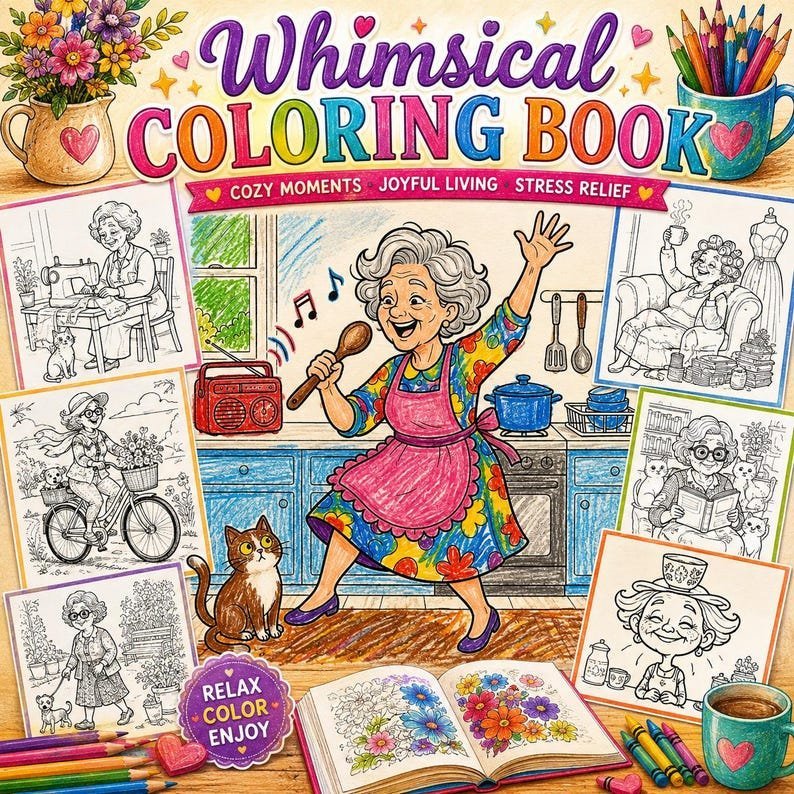 Whimsical Coloring Book for Adults Cozy Older Women Coloring Pages Relaxing Stress Relief Coloring Printable PDF