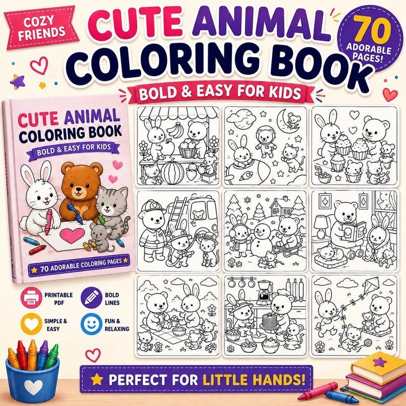 Bold and Easy Coloring Book for Kids, Cute Animal Friends Printable Coloring Pages