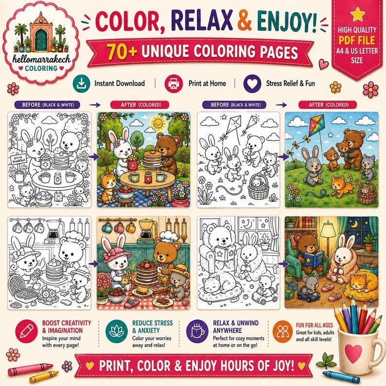 Bold and Easy Coloring Book for Kids, Cute Animal Friends Printable Coloring Pages