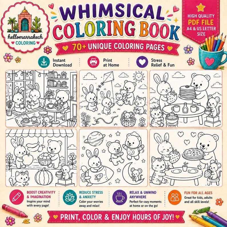 Little Cuddles Coloring Book | Cute Cozy Animal Hugs Printable Pages | Bold and Easy Adult & Kids Coloring | Digital PDF Instant Download