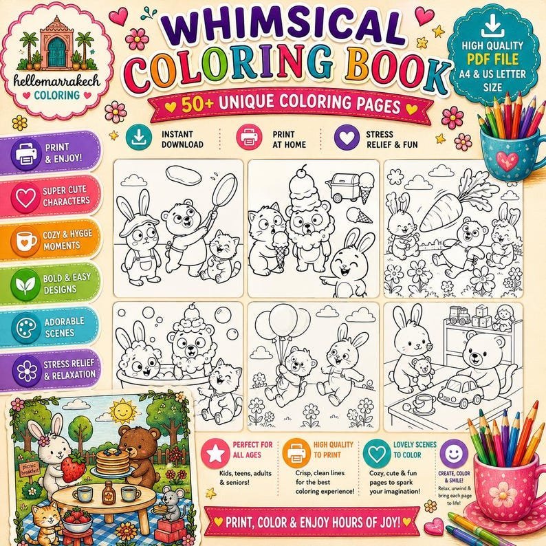Little Cuddles Coloring Book | Cute Cozy Animal Hugs Printable Pages | Bold and Easy Adult & Kids Coloring | Digital PDF Instant Download