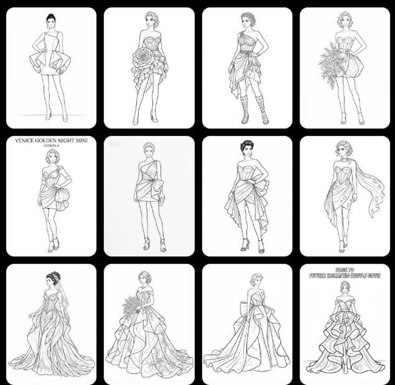 Dress Coloring Pages, Fashion Coloring Book 200+ Printable Gowns & Couture Designs, Adults Teens, Grayscale PDF Instant Download
