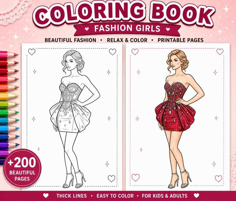 200+ Fashion Coloring Pages, Fashion Coloring Book for Adults & Teens, Elegant Dress Gown Coloring Pages, Printable PDF Download