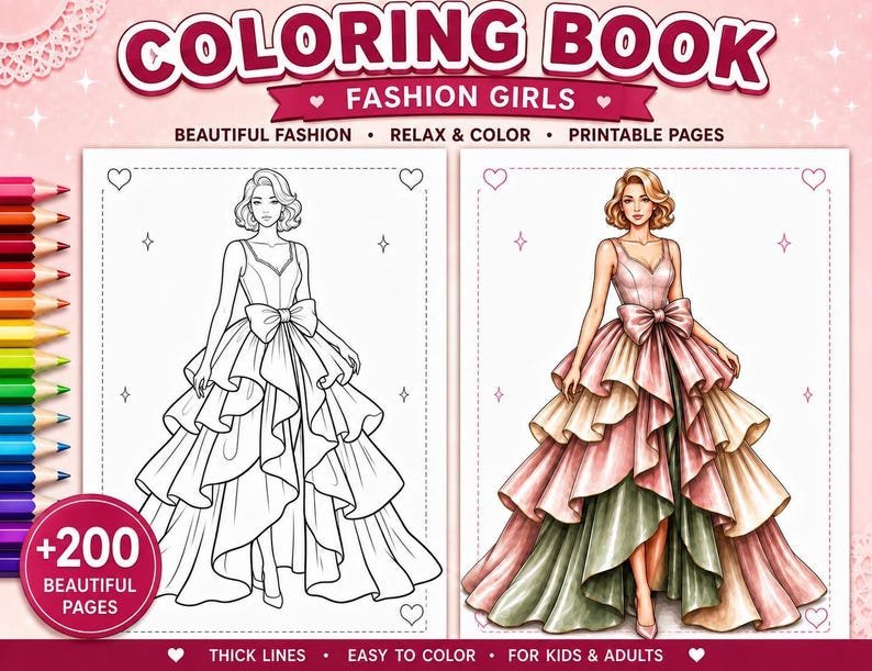 Dress Coloring Pages, Fashion Coloring Book 200+ Printable Gowns & Couture Designs, Adults Teens, Grayscale PDF Instant Download