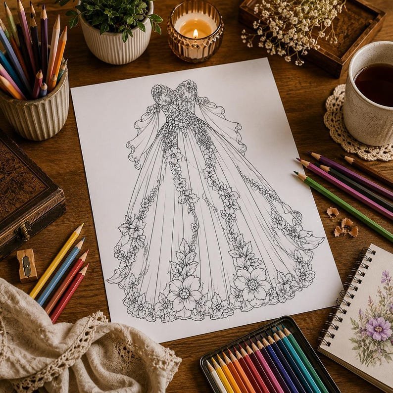 Dress Coloring Pages, Fashion Coloring Book 200+ Printable Gowns & Couture Designs, Adults Teens, Grayscale PDF Instant Download