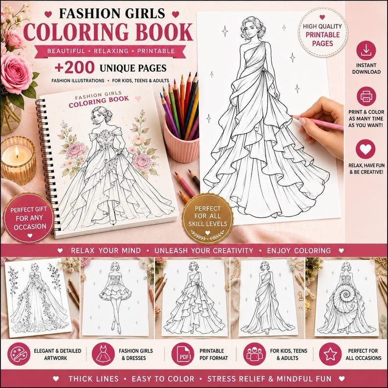 Dress Coloring Pages, Fashion Coloring Book 200+ Printable Gowns & Couture Designs, Adults Teens, Grayscale PDF Instant Download