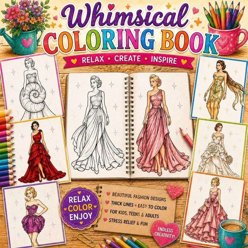 Dress Coloring Pages, Fashion Coloring Book 200+ Printable Gowns & Couture Designs, Adults Teens, Grayscale PDF Instant Download