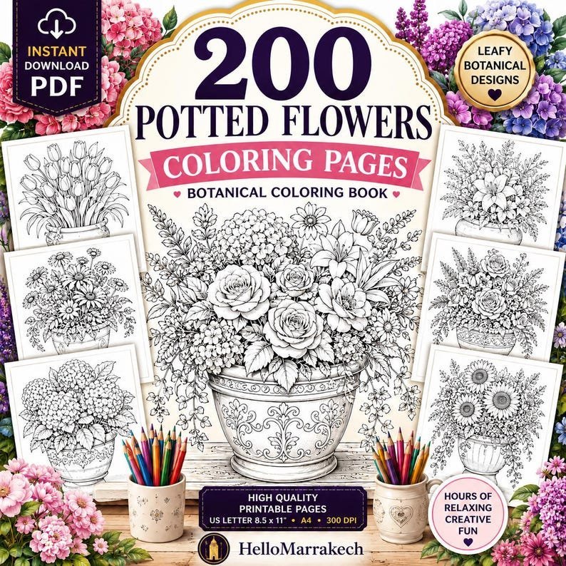 200 Potted Flowers Coloring Pages, Botanical Coloring Book, Printable Floral Coloring Pages, Adult Coloring Book, Instant PDF Download