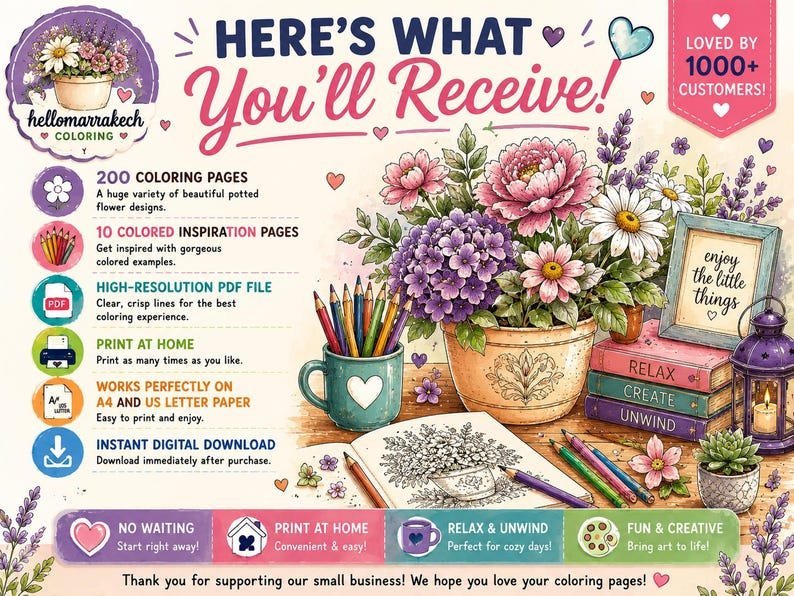 200 Potted Flowers Coloring Pages, Botanical Coloring Book, Printable Floral Coloring Pages, Adult Coloring Book, Instant PDF Download